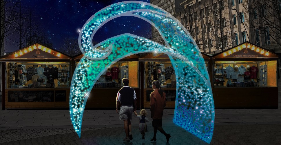 Illuminated wave shaped arch large enough for people to walk through at entrance to Plymouth Christmas Market